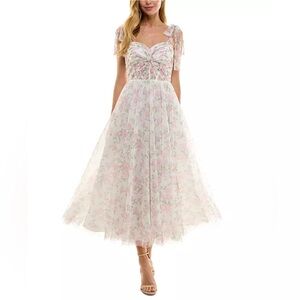 SENI & CADE Juniors' Twist-Front Shoulder-Tie Midi Floral White Dress